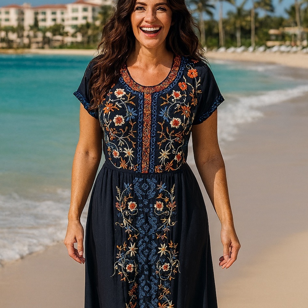 Johnny Was Mariposa heavily embroidered button down Challis Maxi dress - Picture 6 of 13